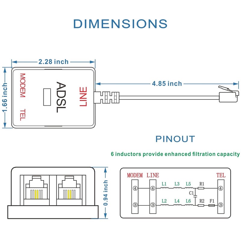 NECABLES DSL Filter Splitter for Phone Line and Modem 6 Inductors Version RJ11 6P2C 1 Male to 2 Females White - Image 4